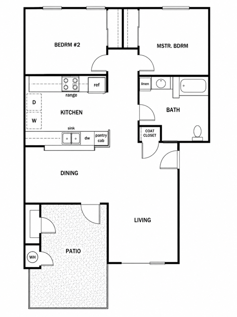 Floor plan for 2 beds, 1 bath, 888 sqft